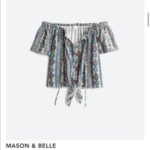Mason & Belle, XS, blue paisley patterned off the shoulder and front tie top